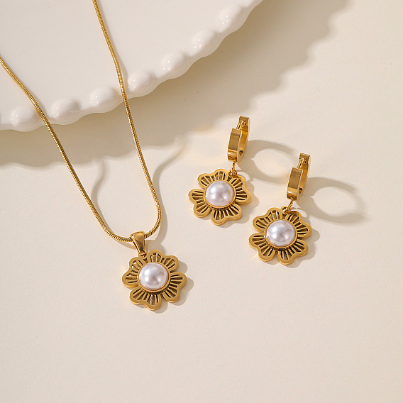 Комплекты из серег-колец и ожерелий с подвесками из нержавеющей стали для женщин, с имитацией жемчуга