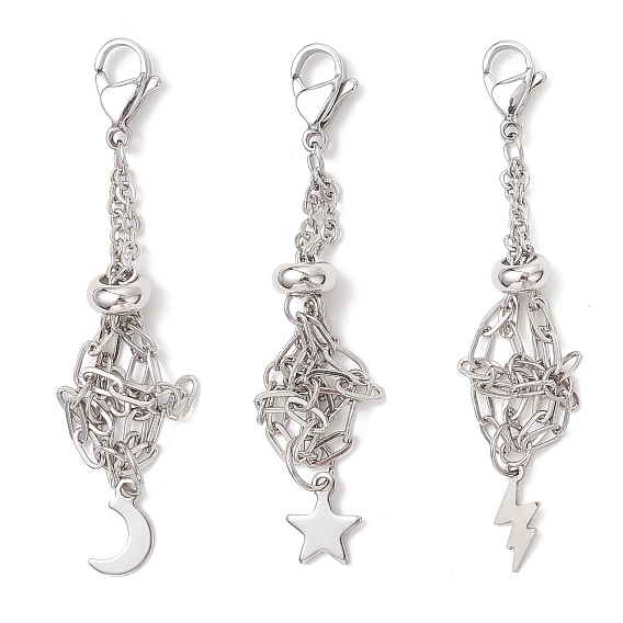 3 шт. 304 мешочек из нержавеющей стали в технике макраме, пустой держатель для камней, подвесные украшения, с застежками-карабинами и латунными подвесками в виде луны, звезд и молний