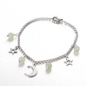 Lune & bracelets de charme de pierres précieuses en inox étoiles, avec fermoir pince de homard, 7-1/4 pouces (185 mm)