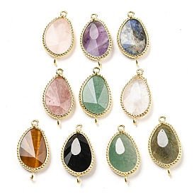 Natural Gemstone Faceted Teardrop Connector Charms, Rack Plating Golden Plated Brass Links