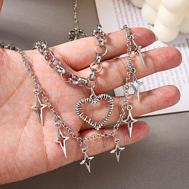 Colliers double couche pour femmes avec pendentif cœur et étoile creux en alliage