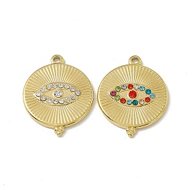 Vacuum Plating 201 Stainless Steel Pendants, with Rhinestone, Real 18K Gold Plated, Flat Round with Eye Charm