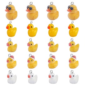 20шт 5 стили флокированные подвески из непрозрачной смолы, с железными петлями, очарование утки, белый и золотой