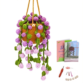 Kits de crochet de flores moradas, incluyendo 6 hilos de piezas, 1 aguja de crochet pc, 8 pcs cuentas de madera, 3 piezas de aguja para ojos, 10 marcador de puntadas y 1 enhebrador