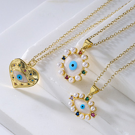 18K Gold Plated Devil's Eye Pendant Necklace with Pearl and Zircon Stone