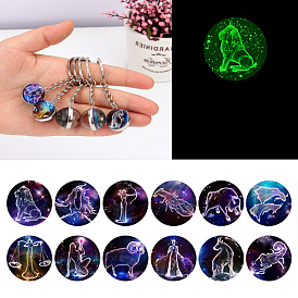 Luminous Glass Pendant Keychain, with Alloy Key Rings, Glow In The Dark, Round with Constellation