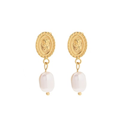 Rose Embossed Coin Jewelry Set - 18K Gold Plated Stainless Steel & Freshwater Pearl Earrings and Pendant, Fashionable and Versatile