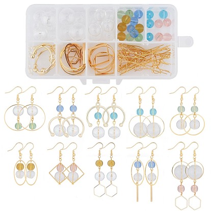 Kits de fabrication de boucles d'oreilles bricolage, y compris les perles de globe en verre soufflé cadres de perles en laiton, Pendentifs en acier inoxydable, anneaux de liaison en alliage et laiton, Crochets d'oreille en laiton