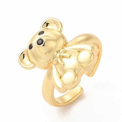 Black Cubic Zirconia Bear with Bowknot Open Cuff Ring, Brass Jewelry for Women