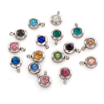Trendy Original Color 304 Stainless Steel Grade A Rhinestone Flat Round Charm Pendants, Faceted, Stainless Steel Color, 9x6.5x4mm, Hole: 2mm