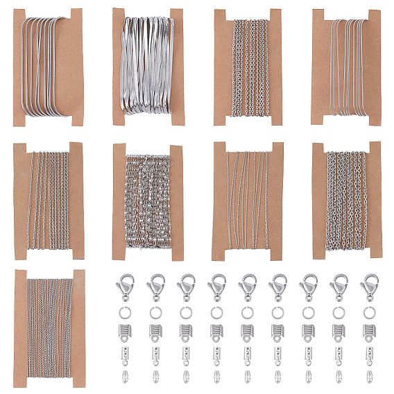 Наборы для самостоятельного изготовления браслетов/ожерельев, В комплект входят: 304 цепочки из нержавеющей стали, соединительные кольца, застежки-карабины и складные обжимные наконечники., латунные наконечники для шнуров и соединители для шариковых цепочек