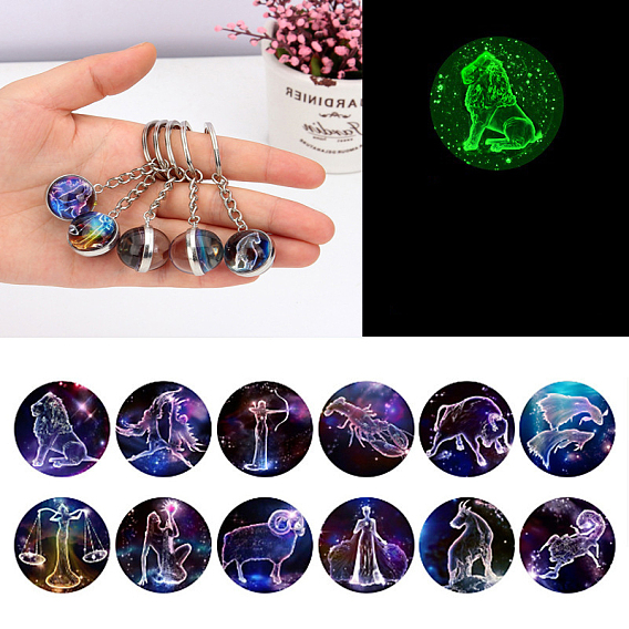 Luminous Glass Pendant Keychain, with Alloy Key Rings, Glow In The Dark, Round with Constellation