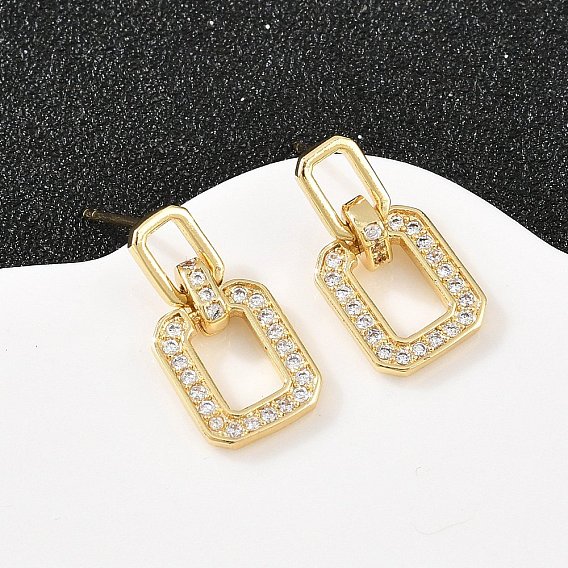 Латунные серьги-гвоздики в форме прямоугольника с прозрачными кубическими циркониями, без кадмия и без свинца, долговечный, стойки покрытие