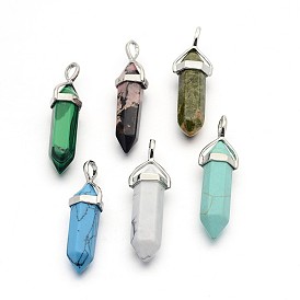  Gemstone Bullet Double Terminated Pointed Pendants, with Platinum Plated Alloy Findings, 38~41x13x10mm, Hole: 5x3mm