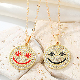 Hip Hop Smiley Face Necklace with Full Diamond Circle and Maple Leaf Pendant