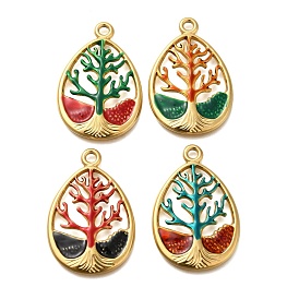 Ion Plating(IP) 304 Stainless Steel Enamel Pendants, Real 18K Gold Plated, Teardrop with Tree of Life Charm