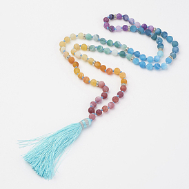 Natural Weathered Agate Round Beaded Necklaces, with Nylon Tassel Pendants and Alloy Beads, Golden