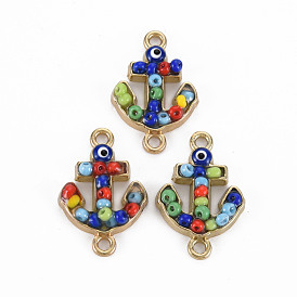 Alloy Enamel Links Connectors, with Glass Seed Beads, Light Gold, Anchor