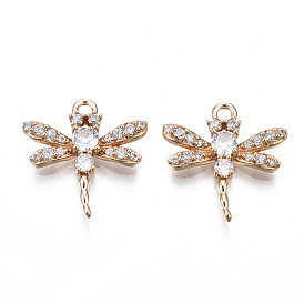 Brass Micro Pave Clear Cubic Zirconia Pendants, Long-Lasting Plated, Cadmium Free & Lead Free, Dragonfly