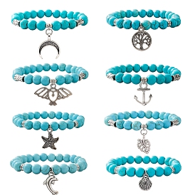 Synthetic Turquoise Beaded Stretch Bracelets, Tibetan Style Alloy Charms Bracelets for Men Women