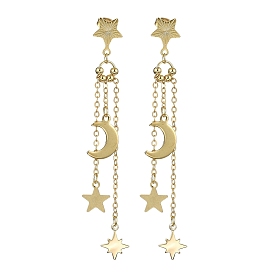 304 Stainless Steel Dangle Stud Earrings, Brass Moon with Star Tassel Earrings