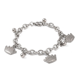 304 Stainless Steel Crown Charm Bracelets, with 201 Stainless Steeel Findings