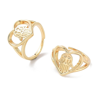 Brass Adjustable Rings for Women, Heart with Hamsa Hand