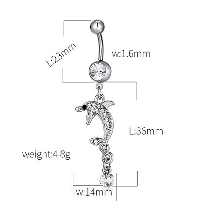 Joyería piercing, anillo de ombligo de circonita cúbica de latón, anillos del vientre, con 304 barra de acero inoxidable, sin plomo y el cadmio, dlophin