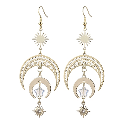 Boucles d'oreilles pendantes en laiton lune et soleil, boucles d'oreilles longues étoile en verre
