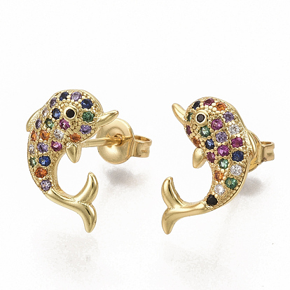 Brass Micro Pave Colorful Cubic Zirconia Stud Earrings, with Earring Backs, Dolphin, Real 16K Gold Plated