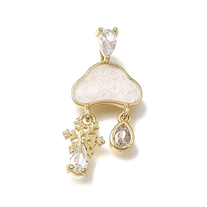 Brass Micro Pave Clear Cubic Zirconia Pendants, with White Enamel, Cloud with Snowflake & Raindrop Charms, Rack Plating, Long-Lasting Plated, Cadmium Free & Lead Free