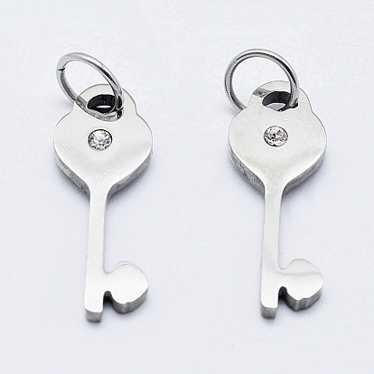 Eco-Friendly 316 Surgical Stainless Steel Micro Pave Cubic Zirconia Pendants, Long-Lasting Plated, Key