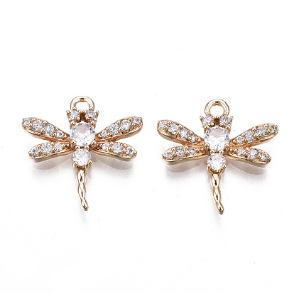Brass Micro Pave Clear Cubic Zirconia Pendants, Long-Lasting Plated, Cadmium Free & Lead Free, Dragonfly