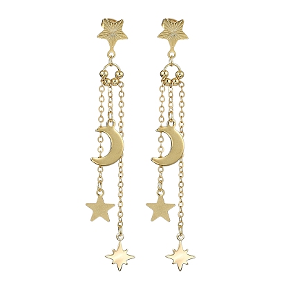 304 Stainless Steel Dangle Stud Earrings, Brass Moon with Star Tassel Earrings