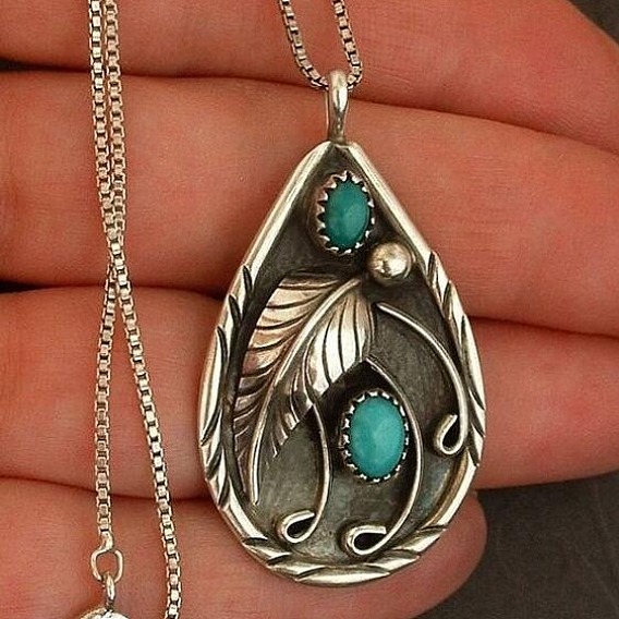 Colliers avec pendentif en forme de larme en résine d'alliage imitation turquoise et plume