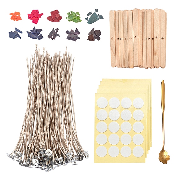 Candle Making Kits, with Candle Wick, Birch Wood Craft Sticks, Wax Dye Paints, Double-faced Self-adhesive Paper Stickers and Sakura Shape 410 Stainless Steel Spoons