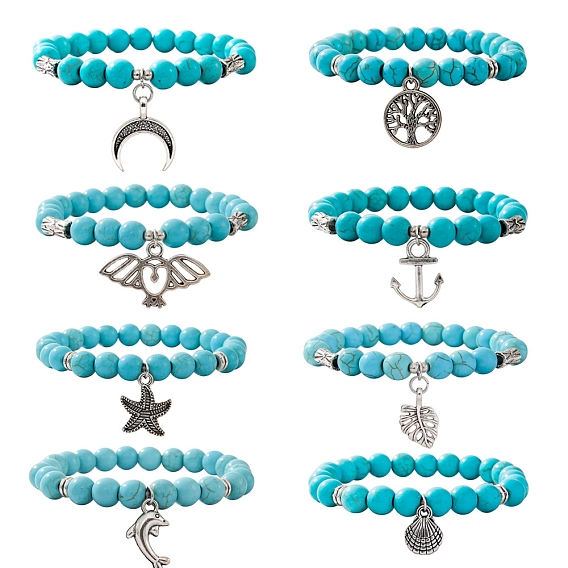 Синтетический бирюзовые бисером браслеты простирания, браслеты в стиле богемия, Браслеты с подвесками из сплава в тибетском стиле для мужчин и женщин