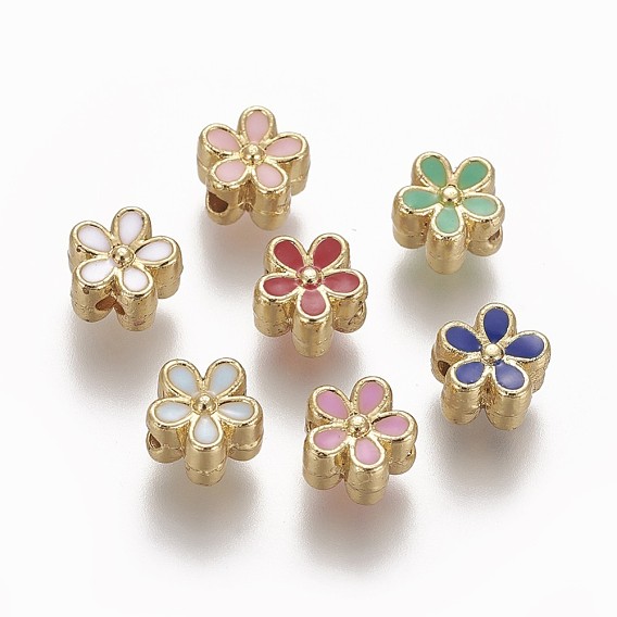 Brass Enamel Beads, Long-Lasting Plated, Flower, Real 18K Gold Plated