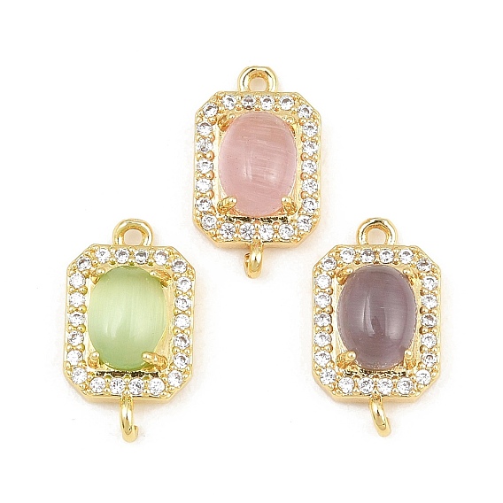 Breloques de connecteur en laiton micro pavé de zircone cubique transparente, liens rectangle, avec des yeux de chat, crémaillère plaquage, plaqué longue durée, sans plomb et sans cadmium, réel 18 k plaqué or