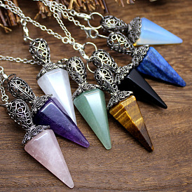 Natural & Synthetic Gemstone Cone Dowsing Pendulum Big Pendants, with Chakra Gemstone Chip and Metal Findings & Triple Moon Charms