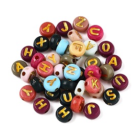 Plating Acrylic Beads, with Metal Enlaced, Flat Round with Letter