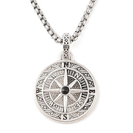 Alloy Black Enamel Viking Compass Pendant Necklaces, 201 Stinless Steel Box Chain Necklaces