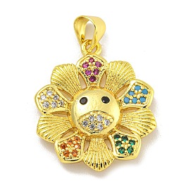 Rack Plating Brass Micro Pave Cubic Zirconia Pendants, Long-Lasting Plated, Lead Free & Cadmium Free, Sunflower