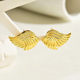 Vintage Punk Style Brass Clear Cubic Zirconia Wing Stud Earrings, Design for Fashionable Ladies