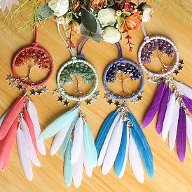 Woven Net/Web with Feather Hanging Ornaments, Natural Gemstone Chip Tree of Life for Car Hanging Decorations