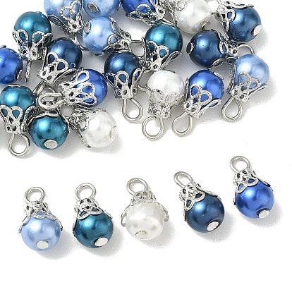 50Pcs 5 Colors Baking Paint Iron & Pearlized Glass Pearl Pendants, Round Charms, Mixed Color
