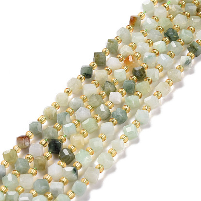 Natural Myanmar Jade Beads Strands, with Seed Beads, Faceted, Diagonal Cube Beads