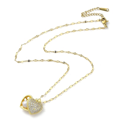 Brass with Rhinestone Heart Locket Necklaces with Plastic Pearl Inside, with 201 Stainless Steel Dapped Chains