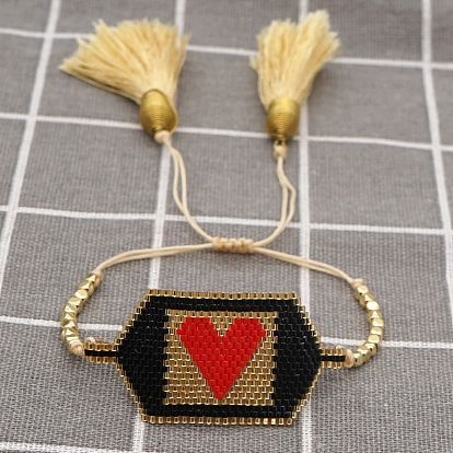 Glass Seed Braided Bead Bracelet with Double Tassel, Polygon with Heart Friendship Bracelet for Women