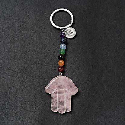 Porte-clés chakra de pierres précieuses, avec des porte-clés fendus en fer et des breloques rondes plates en alliage, Hamsa main
